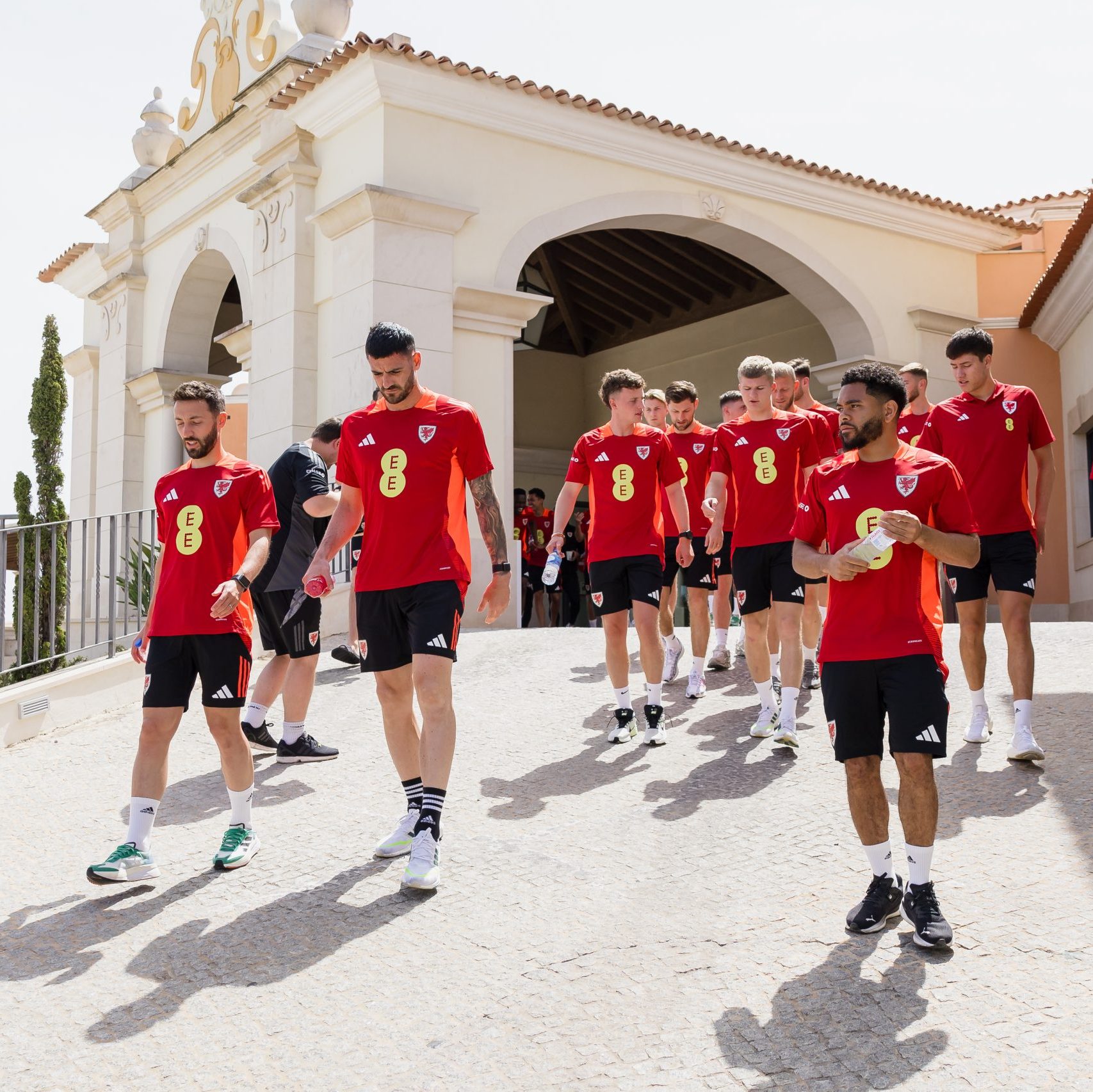 LAGOS, PORTUGAL - 06 JUNE 2024: Wales' Jay Dasilva, Wales' goalkeeper Tom King  and Wales' Josh Sheehan  during a team walk at Cascade Wellness Resort in Lagos Portugal ahead of the up coming international challenge friendly match against Gibraltar at the Estadio Algarve in Portugal, on 6th June. (Pic by John Smith/FAW)